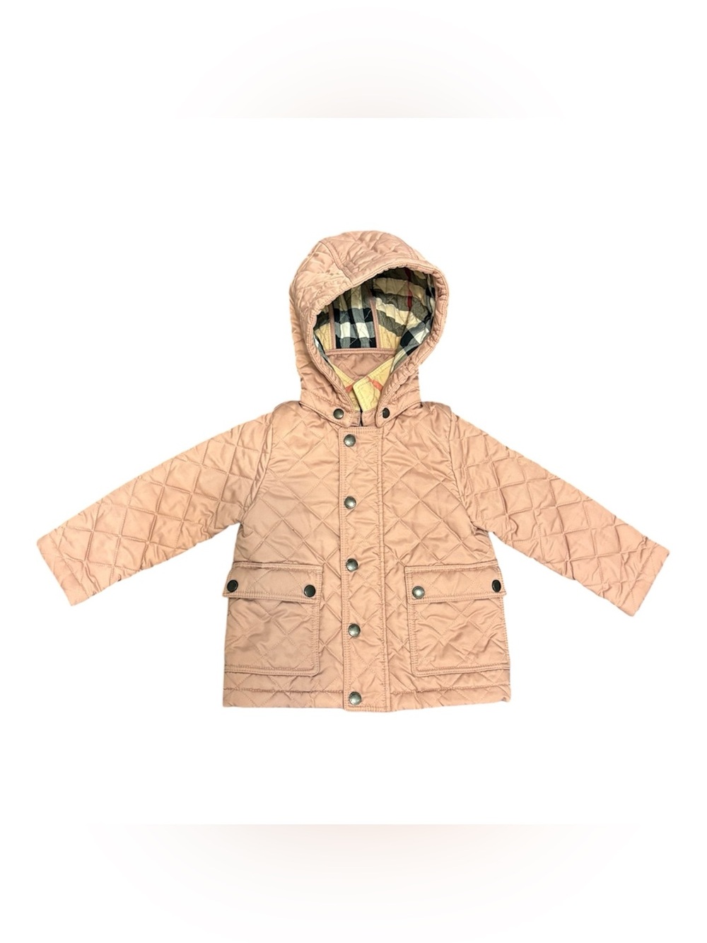 Burberry Girls Quilted Hooded Puffer Jacket in Blush Pink Nova Check Lining 18M